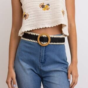 Boho Whipstitch Raffia Belt with Wooden Round Buckle Black